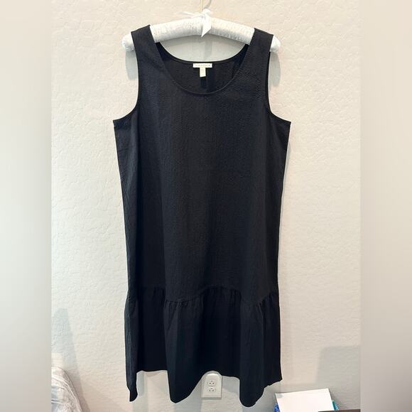 EILEEN FISHER Black Sleeveless Ruffle Hem Dress Organic Cotton Textured | Medium - Picture 1 of 6